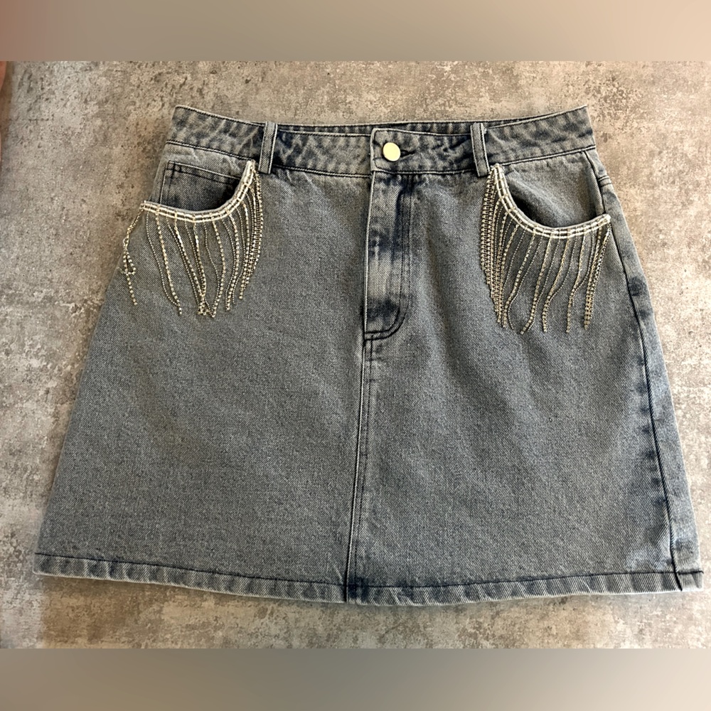 Like New, Rhinestone Fringe Denim Skirt, Size M, Botique